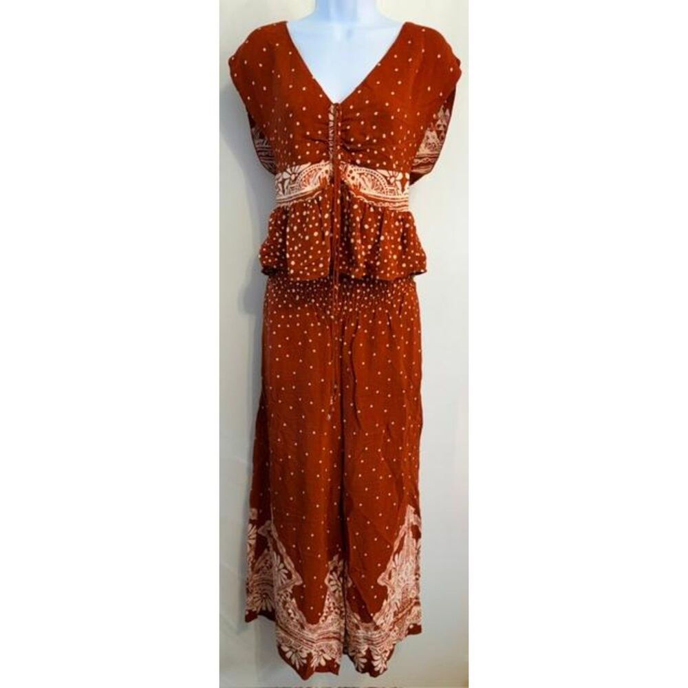 Free People Babylon River 2 Piece Set XS Block Print Smocked Ruched Boho